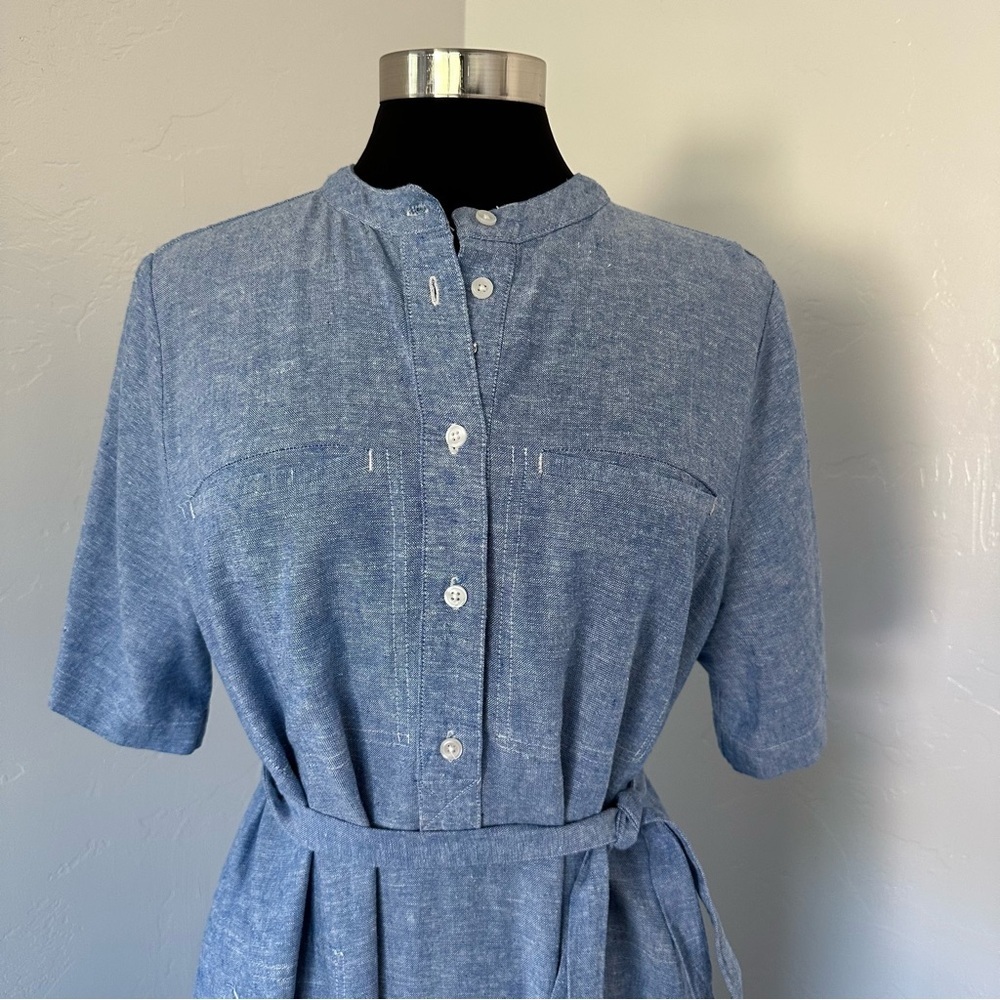 BANANA REPUBLIC Antique Blue LINEN-BLEND UTILITY MIDI SHIFT Shirt DRESS Size L - Picture 4 of 13